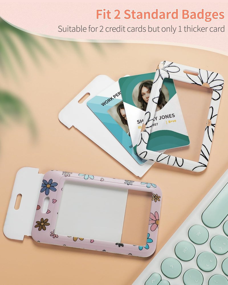 Uniclife 2 Pack Floral Sliding Badge Holder Vertical Flower Plastic Card Case Protector with Retractable Badge Reel Carabiner for Office School ID Credit Proximity Key Women Nurse Teacher Student - Image 2